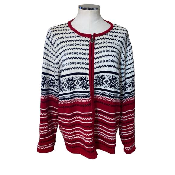 Villager Sport Liz Claiborne Red White Blue Fair Isle Snowflake Zip Up Cardigan - Picture 1 of 12